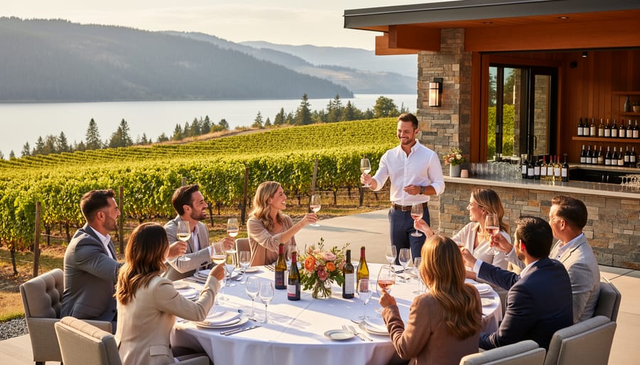 Long wedding table set among vineyard rows in the Okanagan Valley with grapevines and estate in background