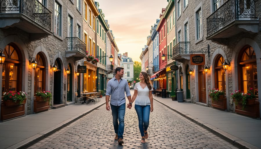 Newlywed couple walking through Old Quebec at golden hour with historic buildings in the background