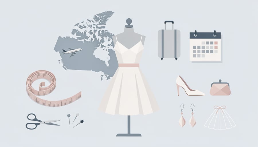 Open garment suitcase with short wedding dress accessories and a laptop for planning, no visible text
