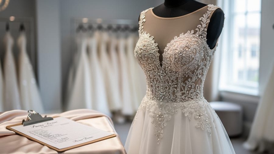 Close-up of an elegant beaded wedding dress on a mannequin in a bright bridal boutique setting, representing where Canadian brides can shop for Pnina Tornai-style gowns.