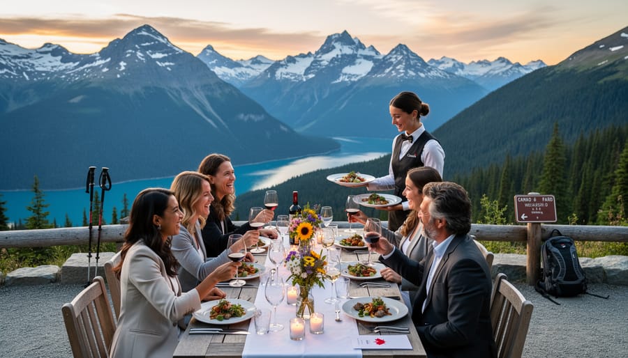Rehearsal dinner table on a mountain resort terrace with BC peaks in the background
