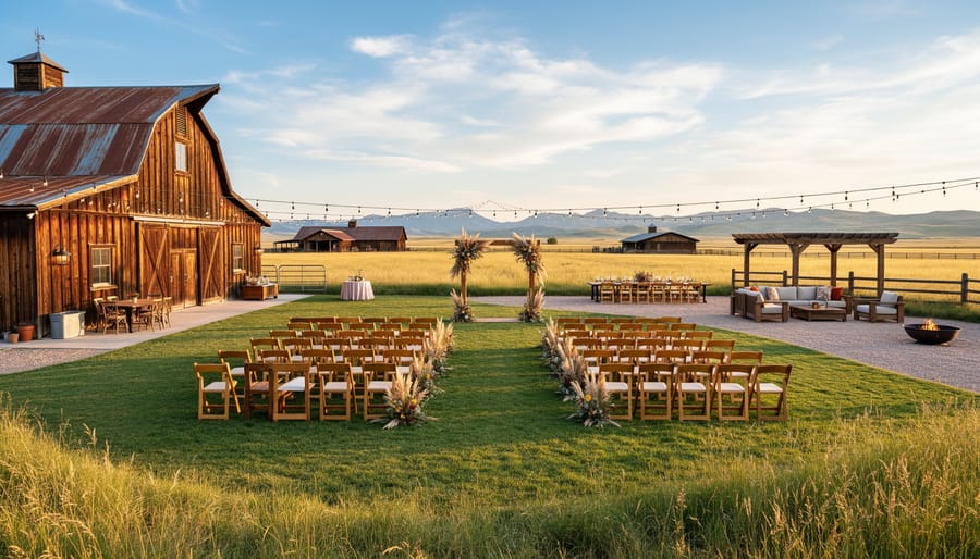 Rustic barn wedding ceremony aisle with Western-inspired décor in Alberta prairie setting