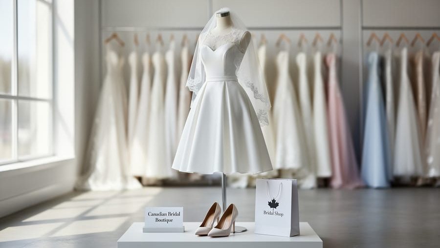 Short tea-length wedding dress on a mannequin with a veil and bridal heels in a boutique setting.
