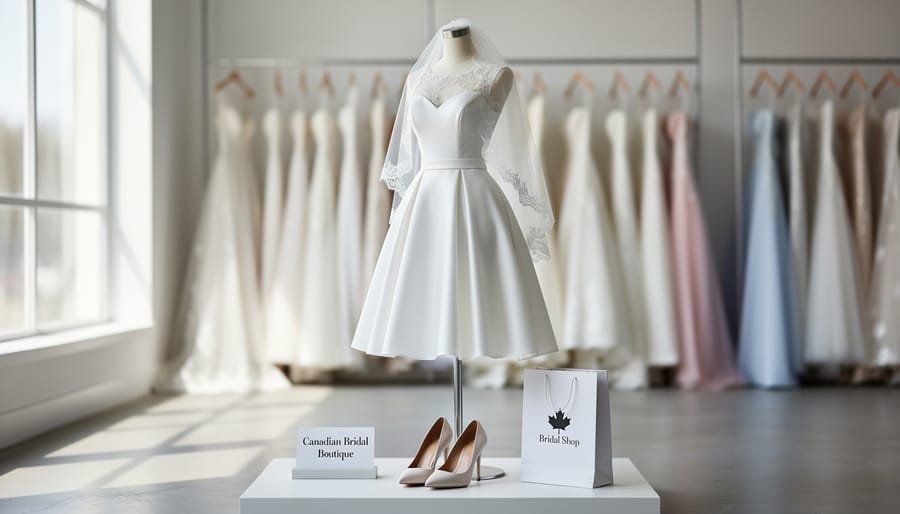 Short tea-length wedding dress on a mannequin with a veil and bridal heels in a boutique setting.