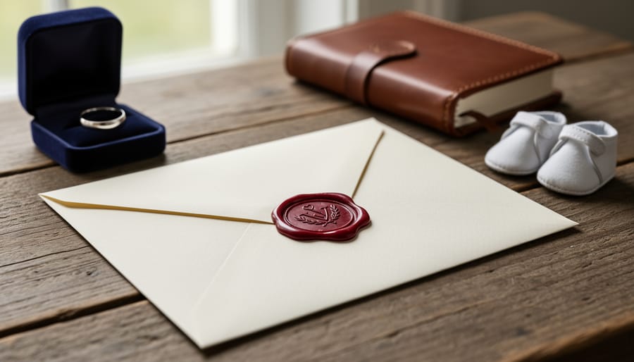 Wax-sealed letter and envelope on a wooden table representing a time capsule vow
