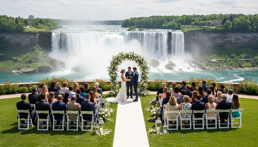 Wedding ceremony aisle with floral arrangements and chairs overlooking the Niagara River and a waterfall in the distance