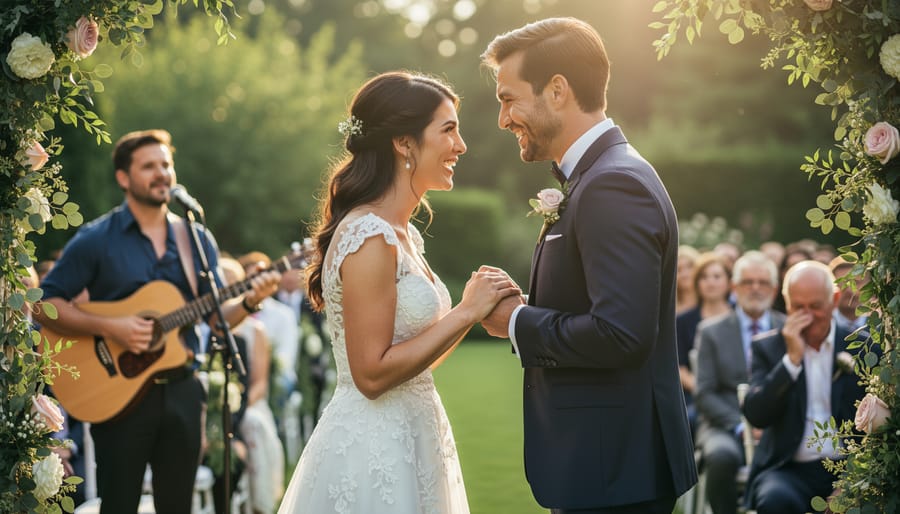 Wedding ceremony scene with microphone and couple in warm stage lighting