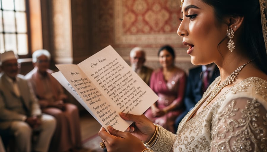 Wedding couple holding handwritten vow pages while speaking to each other