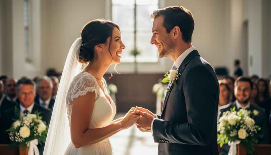 Wedding couple sharing a lighthearted vow moment with smiling expressions