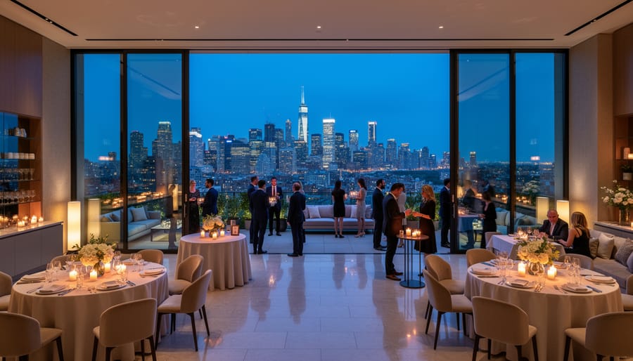 Wedding reception at a modern Toronto boutique hotel rooftop with city skyline in the background