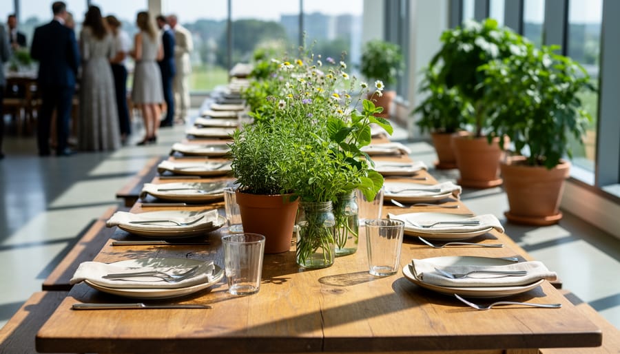 Wedding reception table with ceramic dishes, cloth napkins, and eucalyptus centerpieces in warm sunlight
