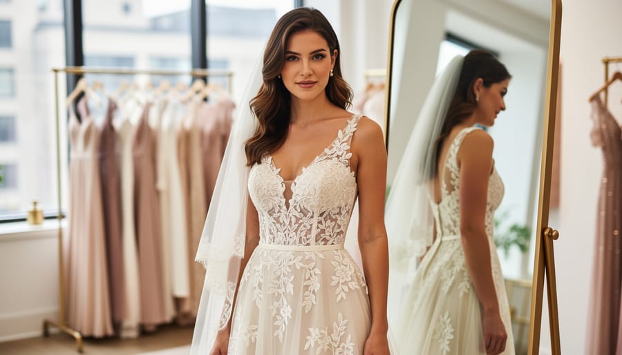Bride-to-be trying on a lace, bohemian-inspired wedding gown in a bright Toronto bridal showroom with a full-length mirror in view.
