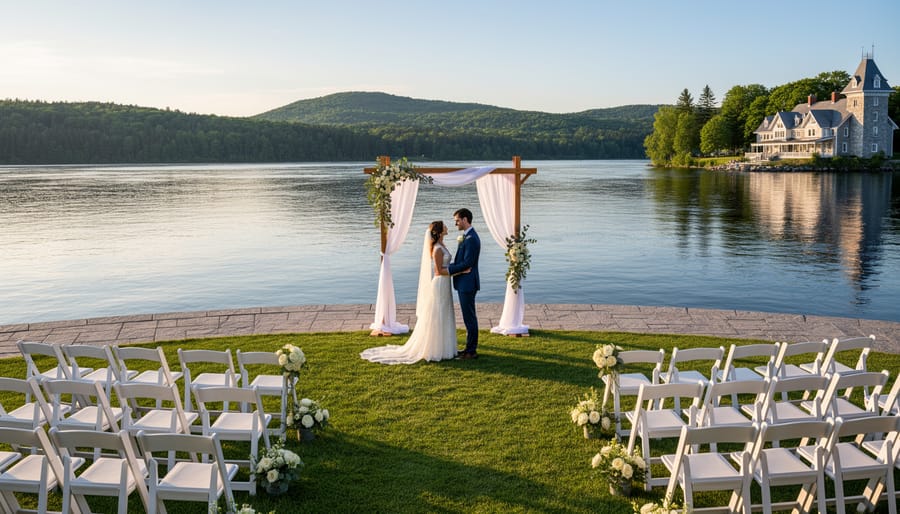White wedding chairs and ceremony arch set on a waterfront terrace overlooking a river