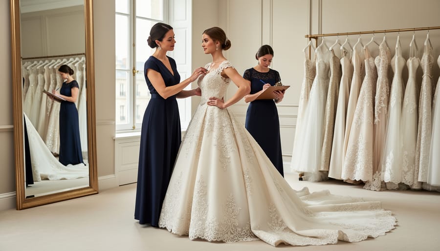 Bride and seamstress pinning and adjusting a lace wedding dress on a dress form in an atelier.