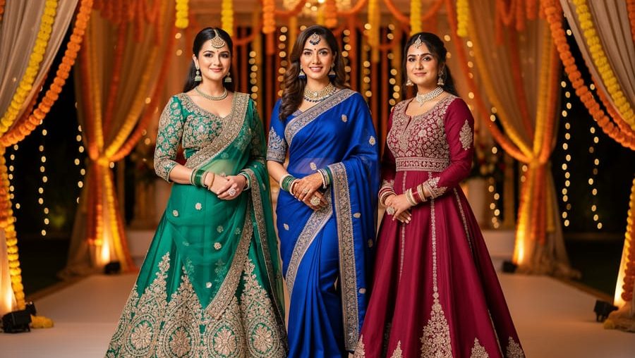 Canadian wedding guests wearing an emerald lehenga choli, a royal blue silk saree, and a ruby anarkali suit at an Indian wedding venue with marigold décor and a decorated mandap in the background.