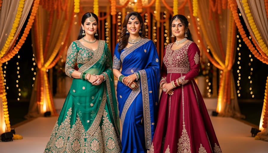 Canadian wedding guests wearing an emerald lehenga choli, a royal blue silk saree, and a ruby anarkali suit at an Indian wedding venue with marigold décor and a decorated mandap in the background.