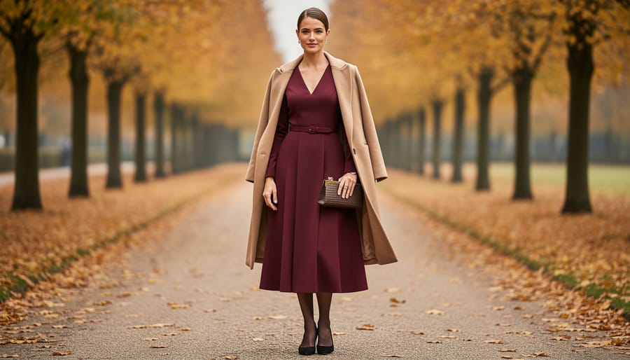 Plus-size model wearing an elegant burgundy midi fall wedding-guest dress outdoors among autumn leaves