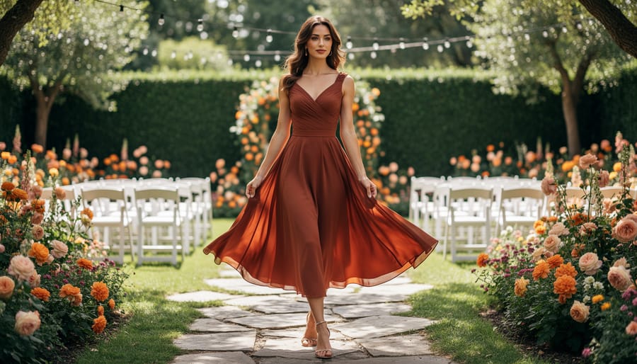 Plus-size model wearing a warm rust cocktail dress in a fall garden and vineyard setting