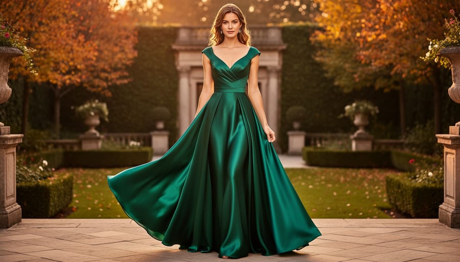 Plus-size model wearing a jewel-toned evening maxi gown in a softly lit banquet hall