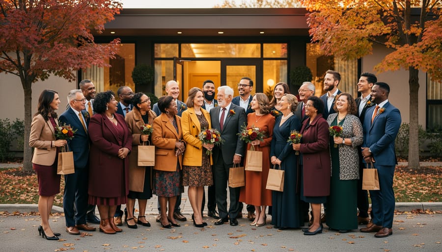Diverse plus-size wedding guests smiling outdoors in fall attire near a venue entrance
