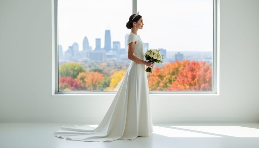 Modern minimal royal-inspired wedding gown hanging in a sunlit Canadian venue hallway.