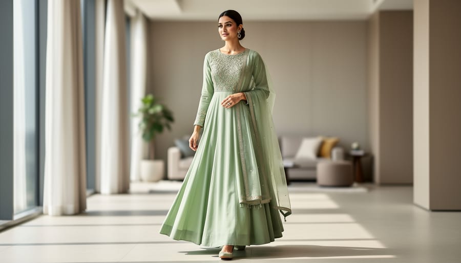 Woman guest wearing a pastel anarkali suit at an Indian wedding corridor with floral decorations