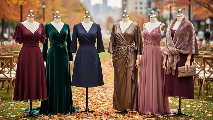 A medium-wide photo of mannequins showcasing multiple plus-size fall wedding guest dresses in burgundy, forest green, and navy with satin and velvet textures against an autumn-themed backdrop.