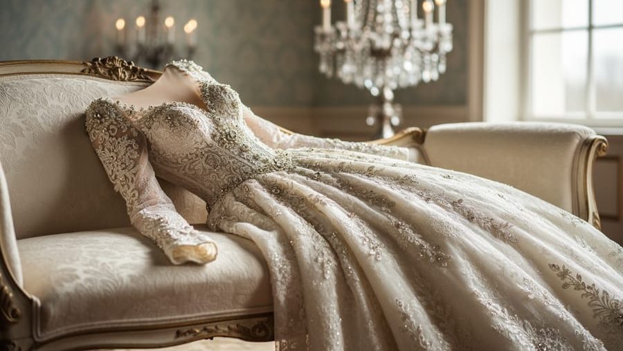 Close-up of a royal-inspired bridal gown with lace sleeves and detailed embroidery draped over an antique chaise in a softly lit, elegant room.