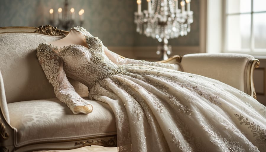 Close-up of a royal-inspired bridal gown with lace sleeves and detailed embroidery draped over an antique chaise in a softly lit, elegant room.