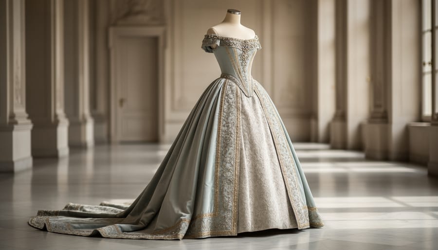 Ivory royal wedding dress displayed on a mannequin in a softly lit chapel.
