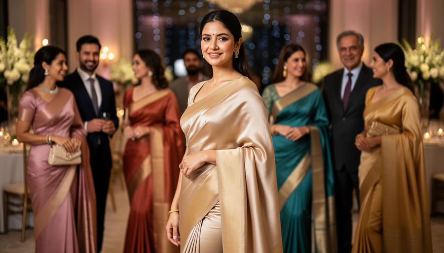 Person adjusting a silk saree pallu indoors near a mirror at an Indian wedding event