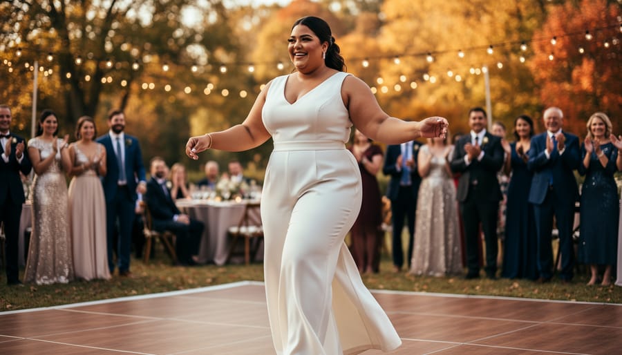 Plus-size model wearing a deep navy long-sleeve wedding guest jumpsuit near outdoor ceremony seating