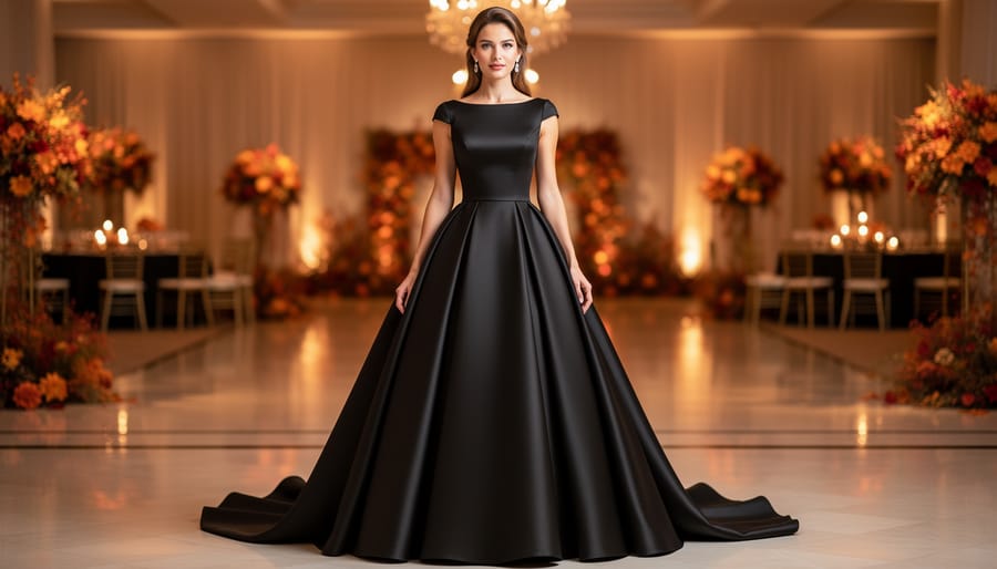 Plus-size model wearing a formal black-tie fall statement gown in a chandelier-lit ballroom
