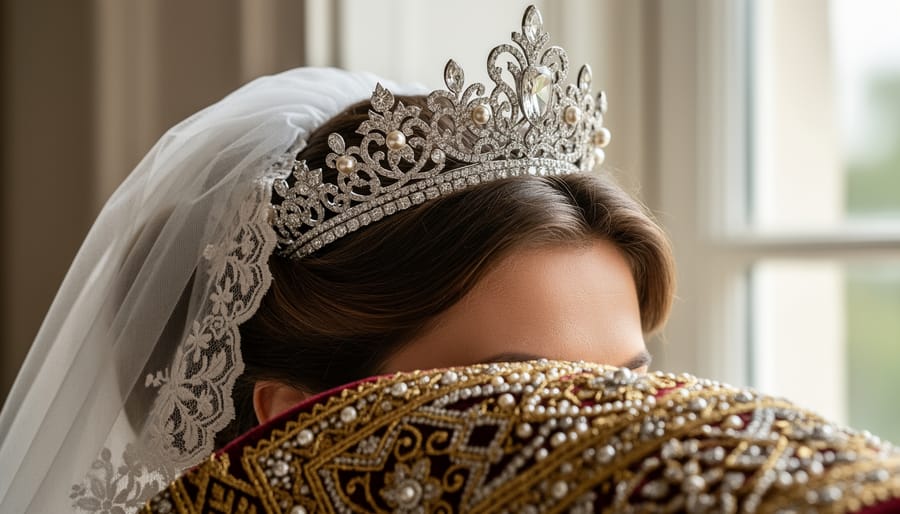 Tiara and cathedral veil placed next to embroidered fabric and pearls on a satin bag.
