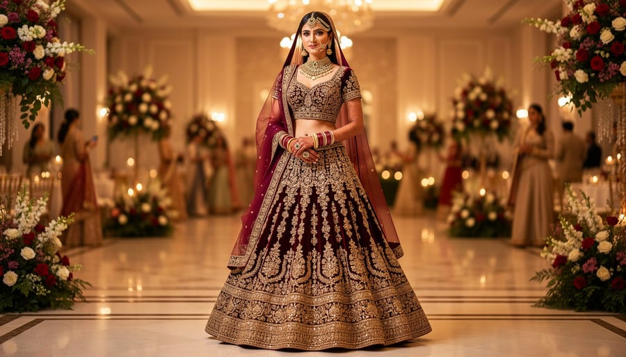 Guest wearing a vibrant teal lehenga choli with an embroidered dupatta at an Indian wedding venue