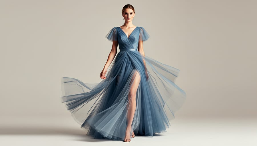 Bride wearing an asymmetrical tulle wedding gown with cascading uneven layers and one-shoulder style