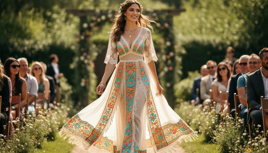 Model wearing a colorful boho wedding dress with bold lace, inspired by the Calla Blanche Boho collection