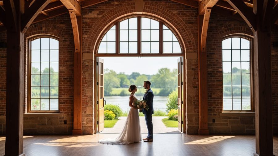 View inside a restored heritage wedding venue in Cambridge, Ontario with exposed brick and wooden beams, framed by bright windows and a glimpse of the Grand River greenery, with a wedding couple near the entrance.
