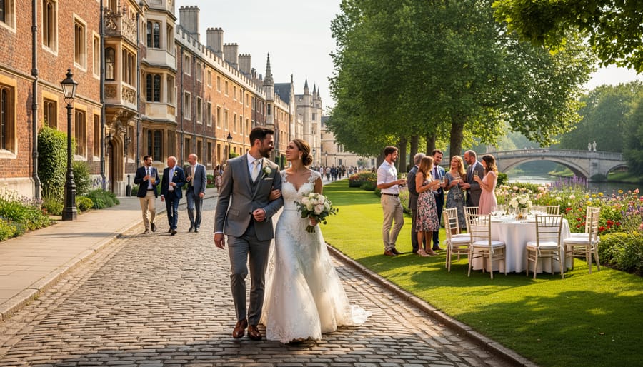 Guests walking along a charming historic street toward a wedding venue entrance at golden hour