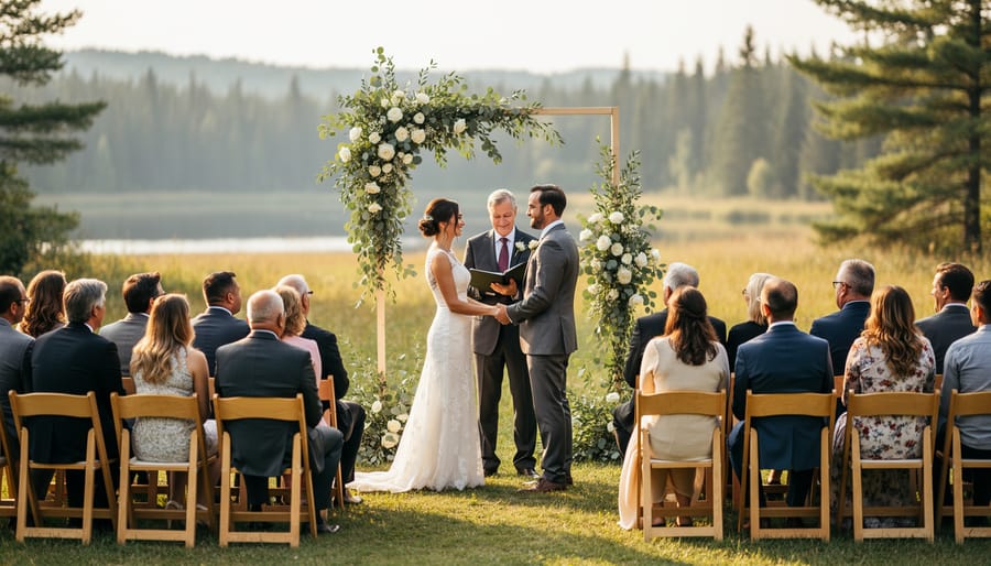 Wedding couple exchanging vows at a small outdoor ceremony with guests seated closely in a Canadian natural setting