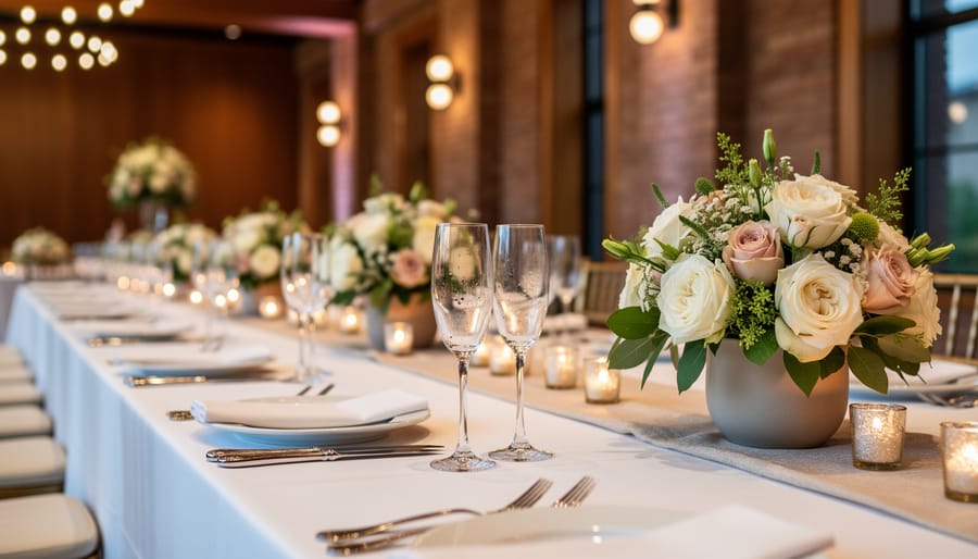 “Wedding reception table set with white linens, centerpieces, and champagne flutes in a warmly lit Ontario venue hall.”