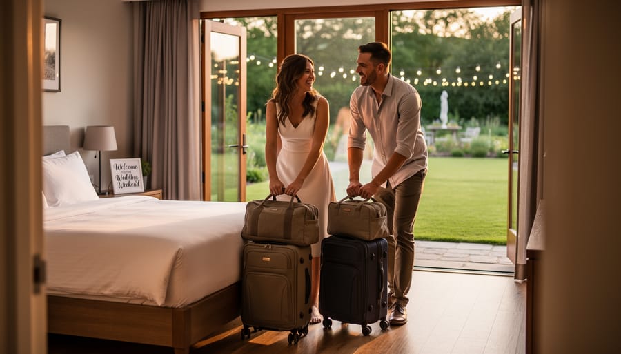 Wedding couple arriving in an on-site hotel suite with suitcases and a cozy bedroom setting in the background.