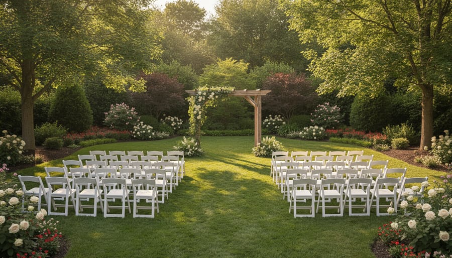 Wedding ceremony setup in the garden at Cranberry Creek Gardens with a floral-lined aisle and chairs facing the greenery.