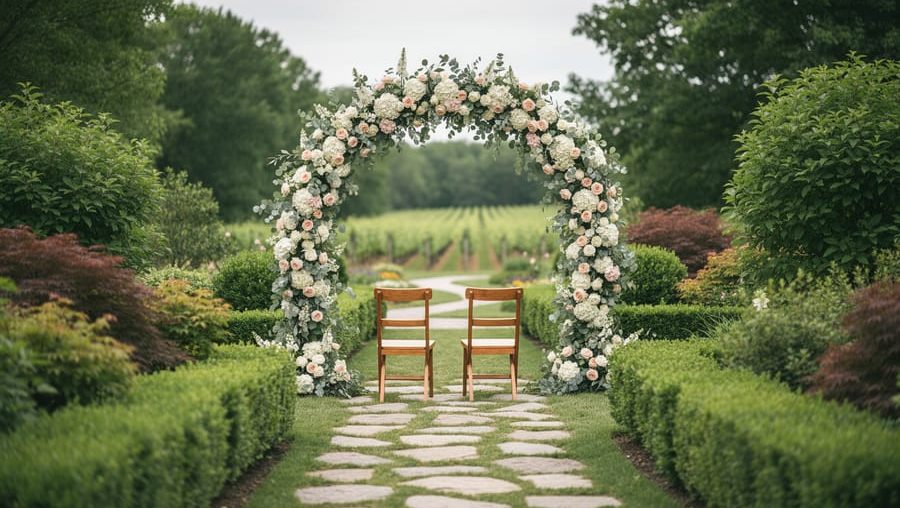 Outdoor garden ceremony aisle at Cranberry Creek Gardens in Lynedoch, Ontario, with greenery, blooms, and two wooden chairs.