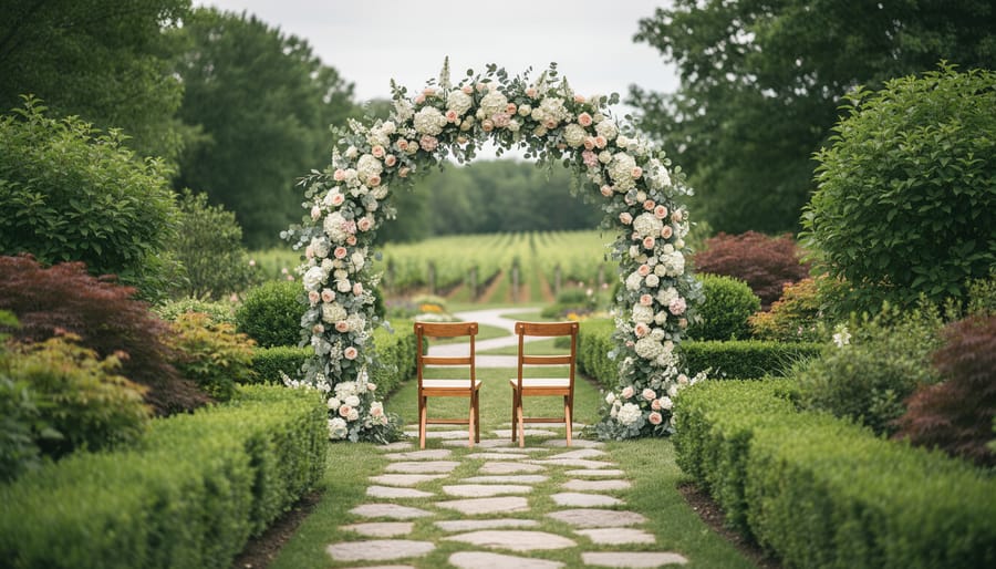 Outdoor garden ceremony aisle at Cranberry Creek Gardens in Lynedoch, Ontario, with greenery, blooms, and two wooden chairs.