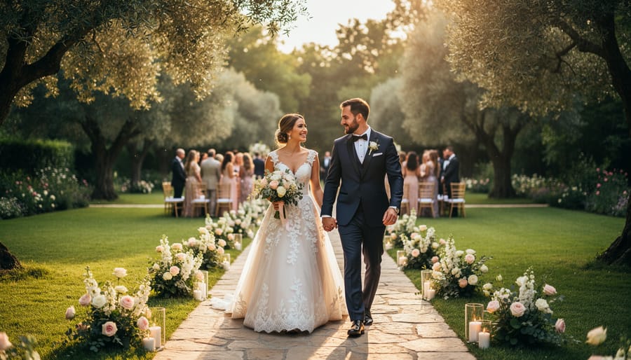 Wedding couple walking on a stone path near cranberry vines and manicured gardens at Cranberry Creek Gardens.