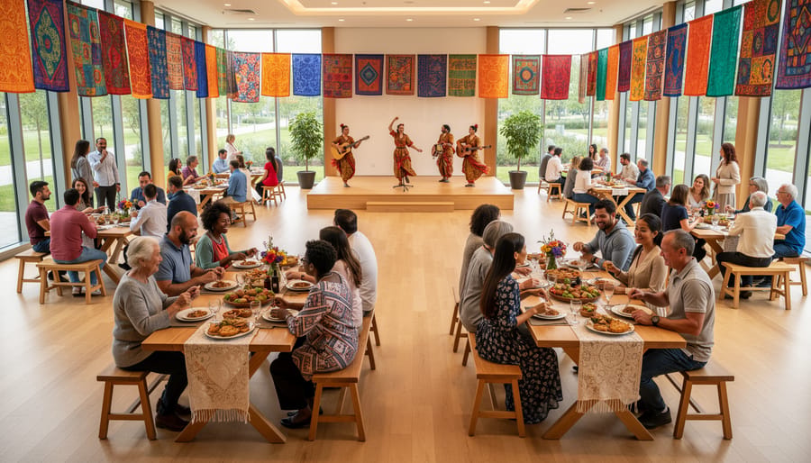 Colorful traditional wedding attire detail in a decorated community hall with guests in background