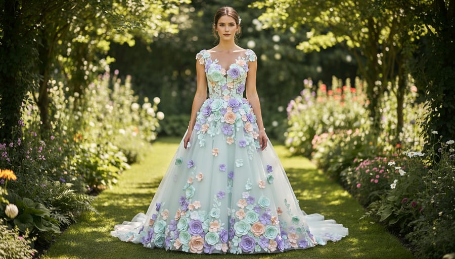 Wedding dress with three-dimensional floral appliqués in blush, lavender, and sage tones