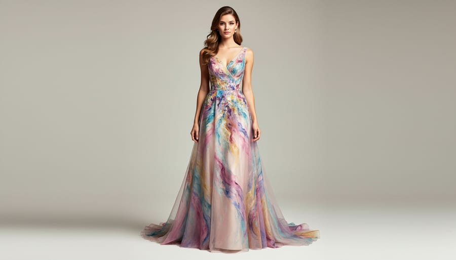 Wedding dress with hand-painted watercolor floral brushstrokes on the bodice and skirt