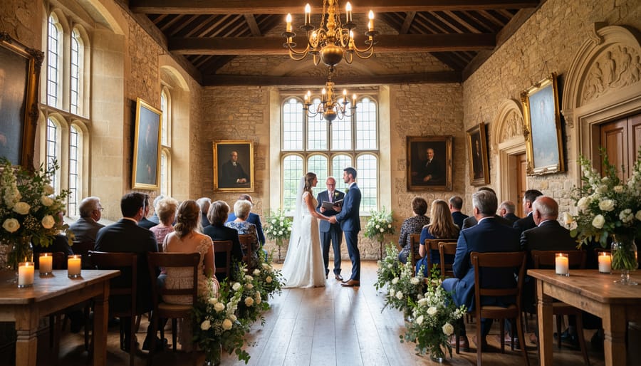 Couple and small group in a warm heritage-style indoor wedding venue with candles and greenery
